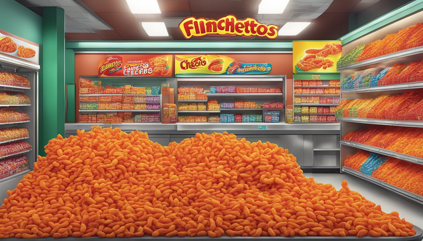 A colorful display of Flamin' Hot Cheetos bags at a Singaporean convenience store, with bright lighting and enticing signage