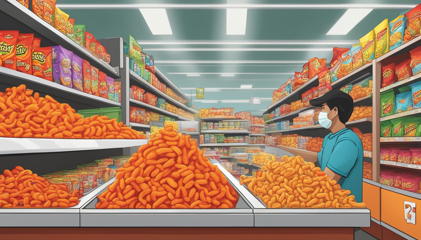 A display of Flamin' Hot Cheetos in a Singaporean grocery store, with a sign indicating "Frequently Asked Questions: Where to buy Flamin' Hot Cheetos in Singapore."