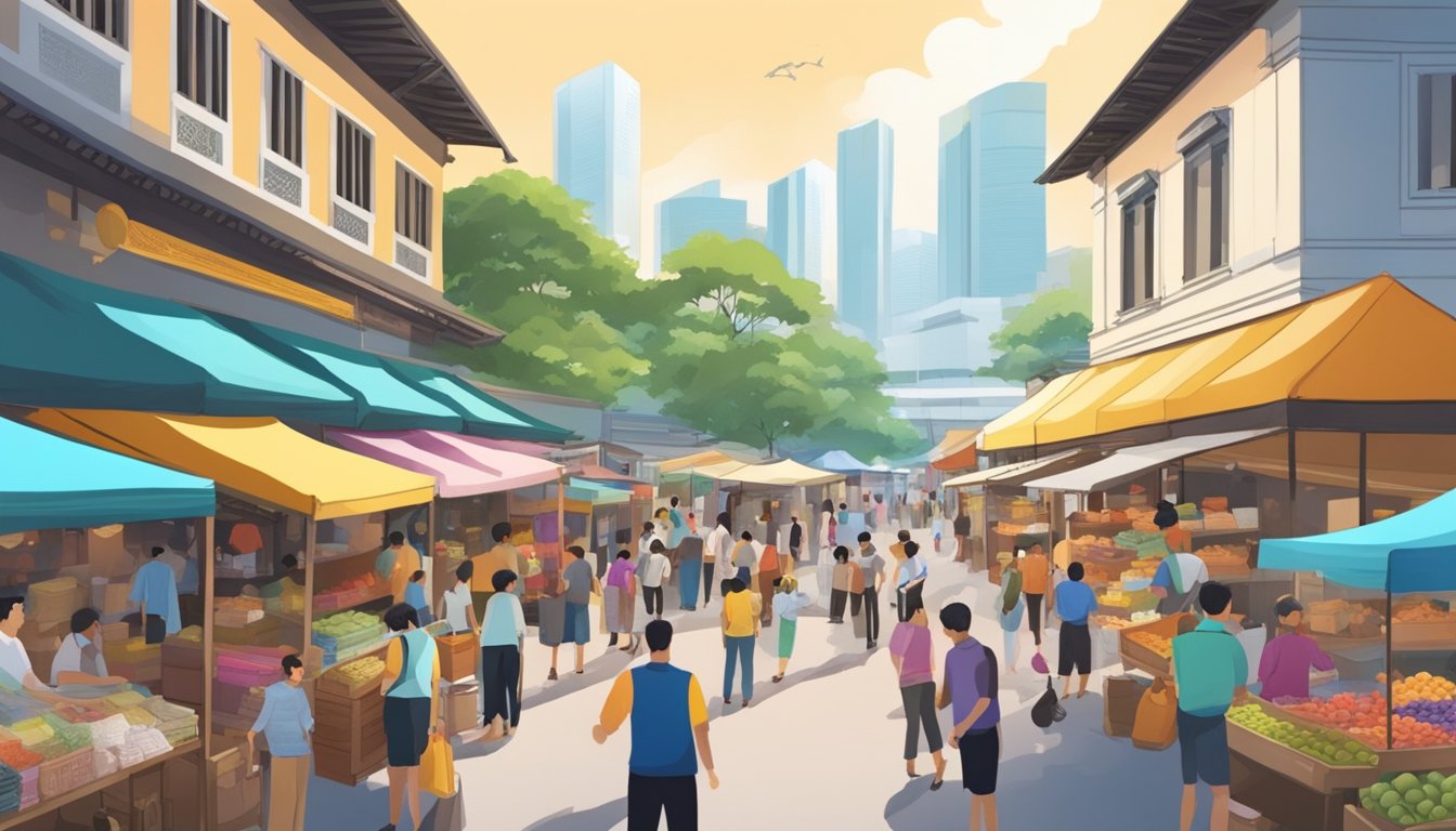 A bustling marketplace in Singapore, with colorful stalls and eager buyers and sellers engaging in transactions. The air is filled with the sounds of negotiation and the scent of various goods