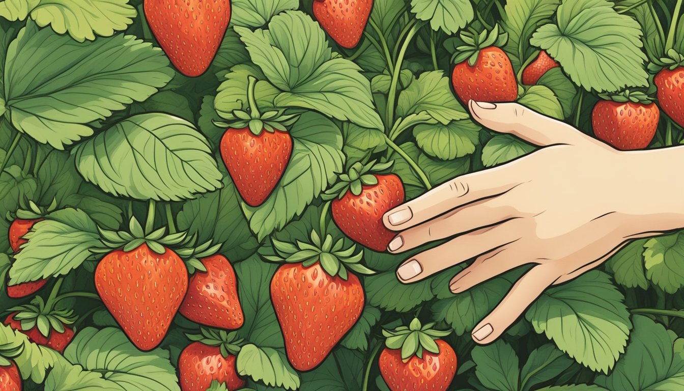 A hand reaches for a vibrant, healthy strawberry plant in a garden center, surrounded by rows of other potted plants