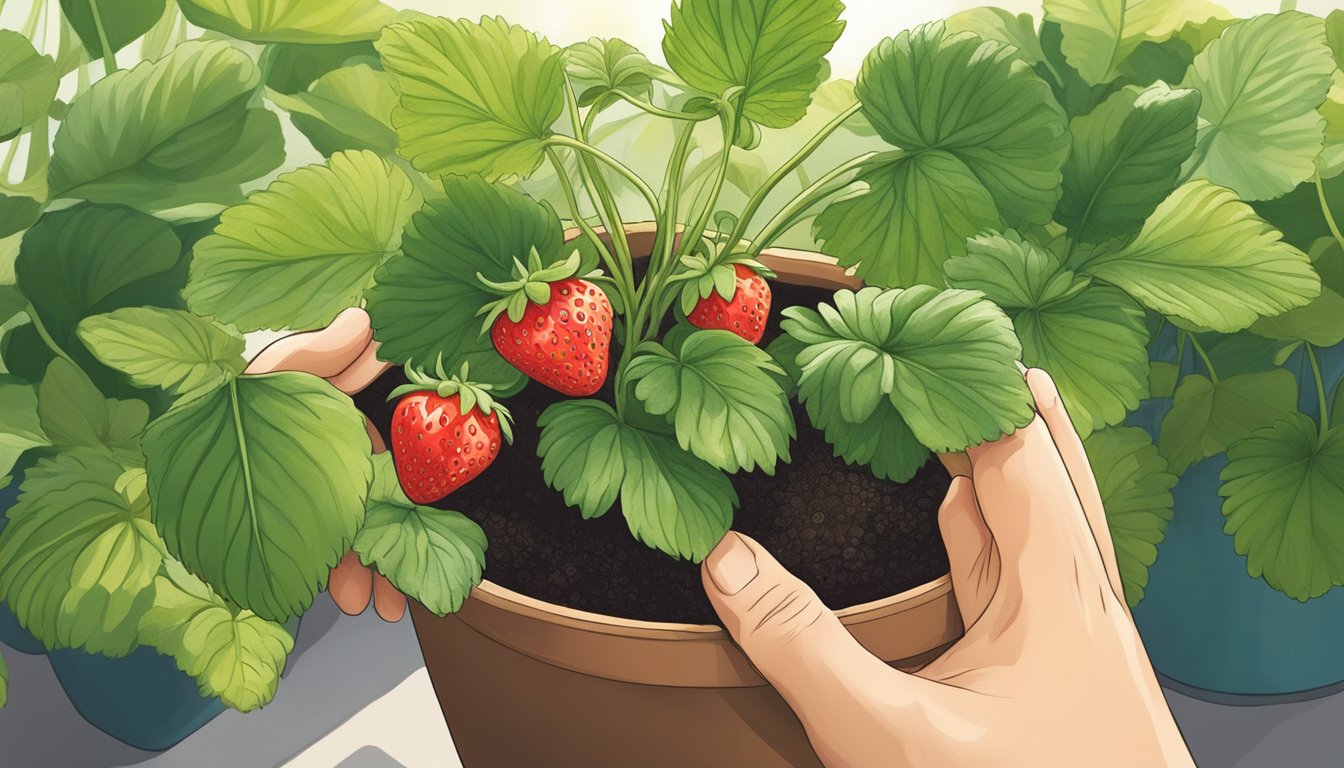 A hand reaches down, gently tending to a lush, green strawberry plant in a pot, ensuring it has enough sunlight, water, and nutrients