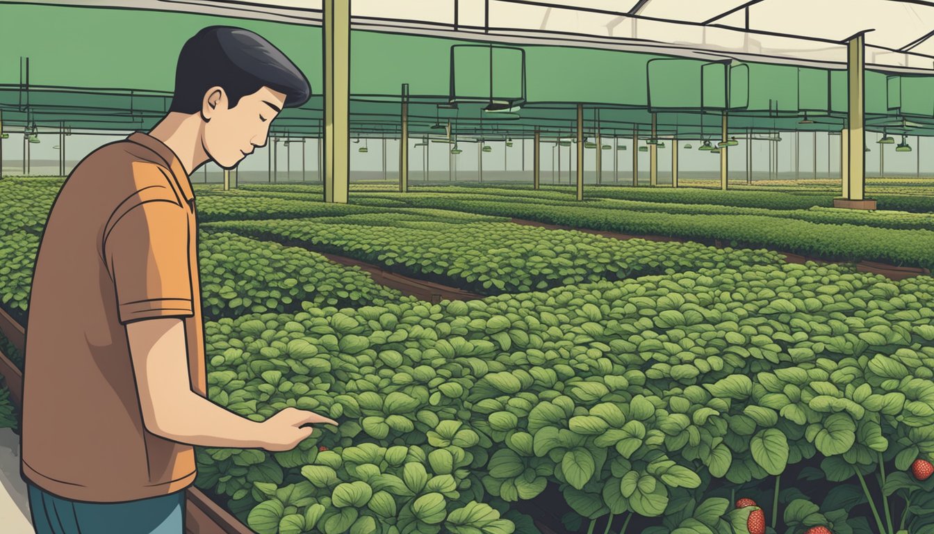 A customer browsing through rows of strawberry plants at a garden center in Singapore, with a sign reading "Frequently Asked Questions" displayed prominently