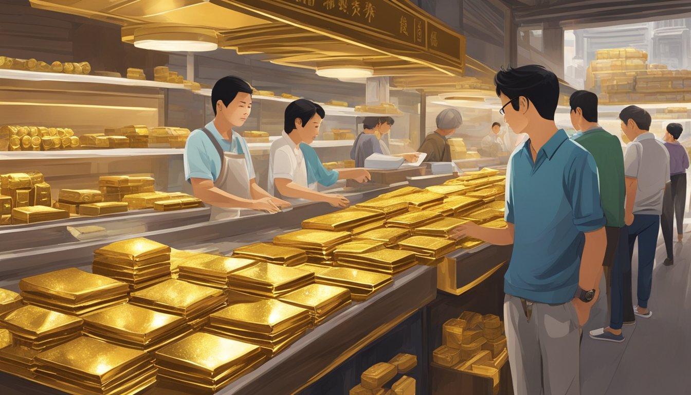 A bustling market stall in Singapore sells gold foil, with shiny rolls neatly stacked on shelves. Customers browse and haggle, while the vendor expertly cuts and packages the delicate material