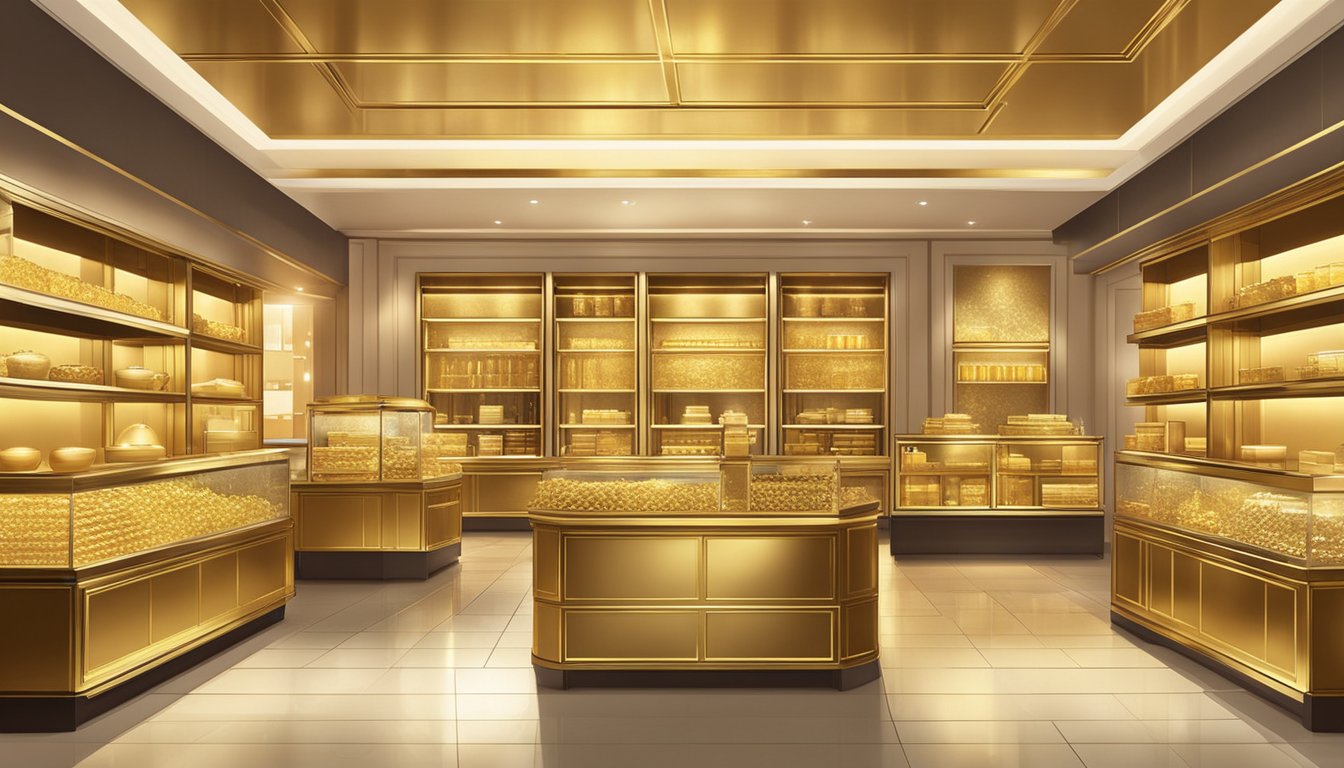 Golden shelves display various gold foil products in a luxurious Singaporean shop. The warm lighting highlights the shimmering gold hues, creating an elegant and opulent atmosphere