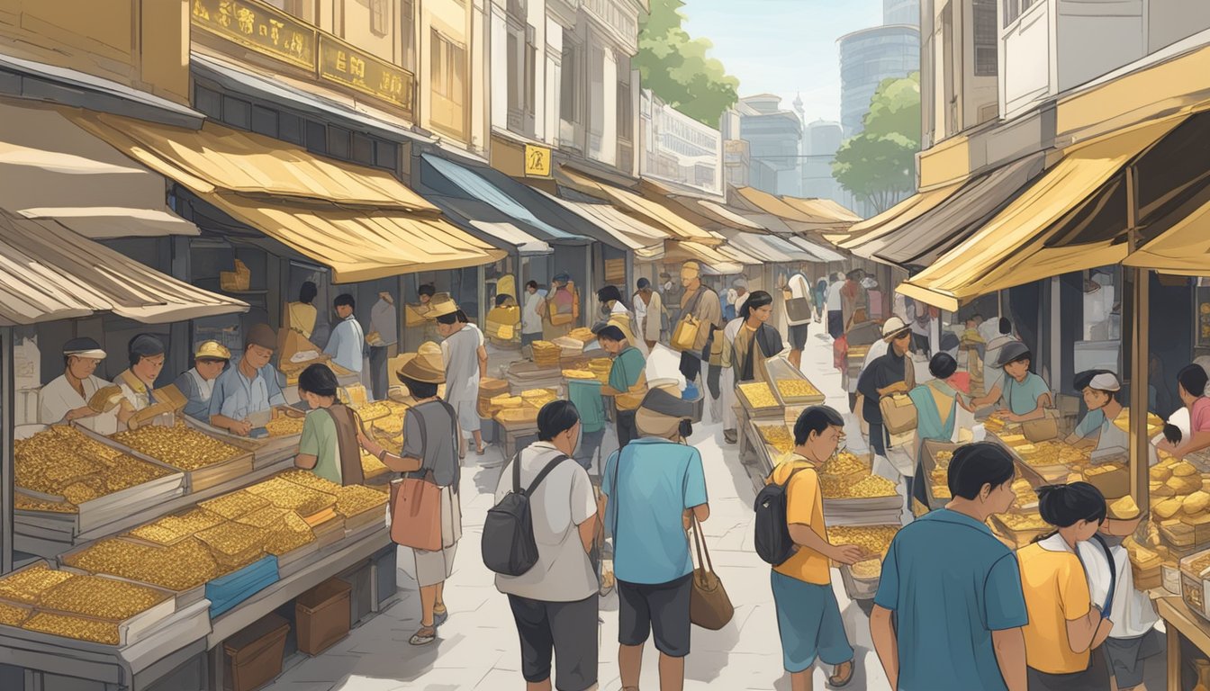 A bustling Singapore market with vendors selling gold foil, customers browsing, and signs advertising "gold foil for sale."