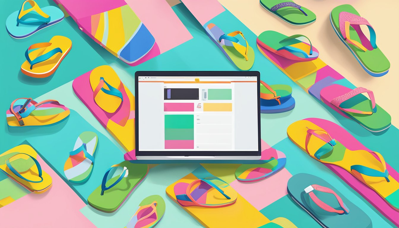 A laptop displaying the Havaianas website with various colorful flip-flop designs, a secure checkout process, and a "buy now" button