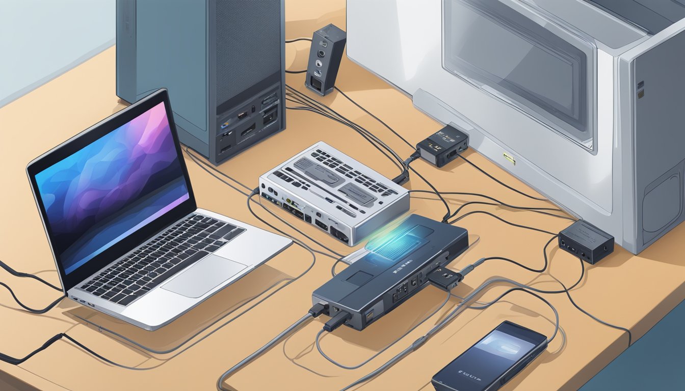 A laptop connected to an HDMI to analog converter, with cables running from the converter to a projector and speakers