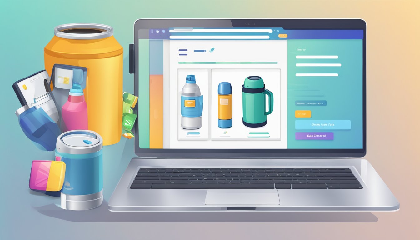 A hand clicks "add to cart" on a laptop. A thermos flask is displayed on the screen. Various options and a "buy now" button are visible