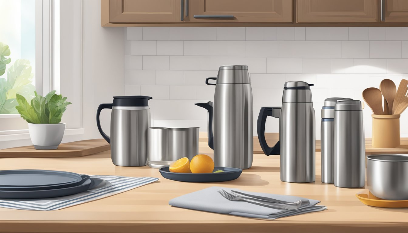 A hand reaches for a sleek, stainless steel thermos flask on a clean, modern kitchen counter. The flask is surrounded by other kitchen items, creating a cozy and inviting atmosphere