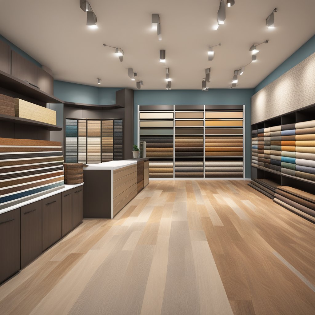 Various flooring samples displayed in a showroom, including hardwood, laminate, carpet, and vinyl. Bright lighting highlights the textures and colors