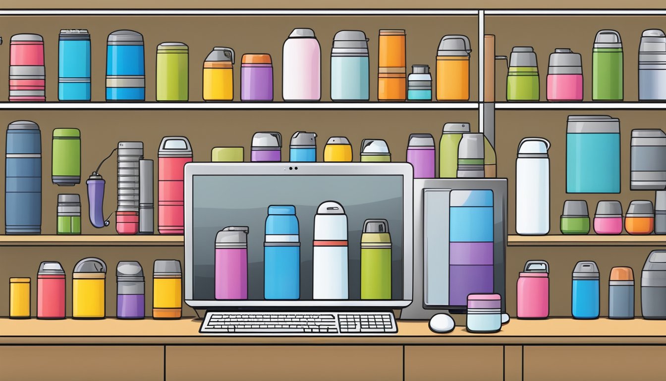 A computer screen displaying a variety of thermos flasks on an online shopping website. The website's logo and search bar are visible at the top of the screen