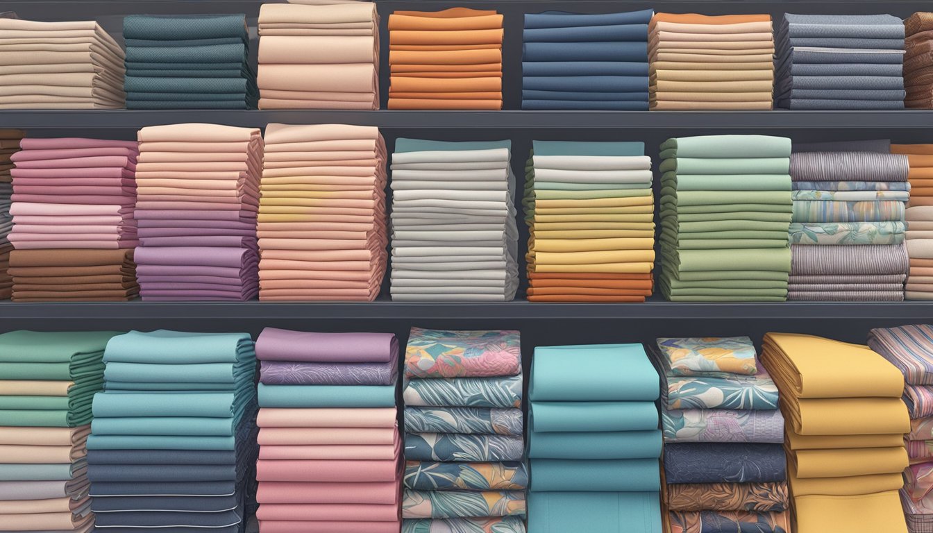 A handkerchief display at a Singaporean market, with various patterns and colors, neatly folded and arranged on a table