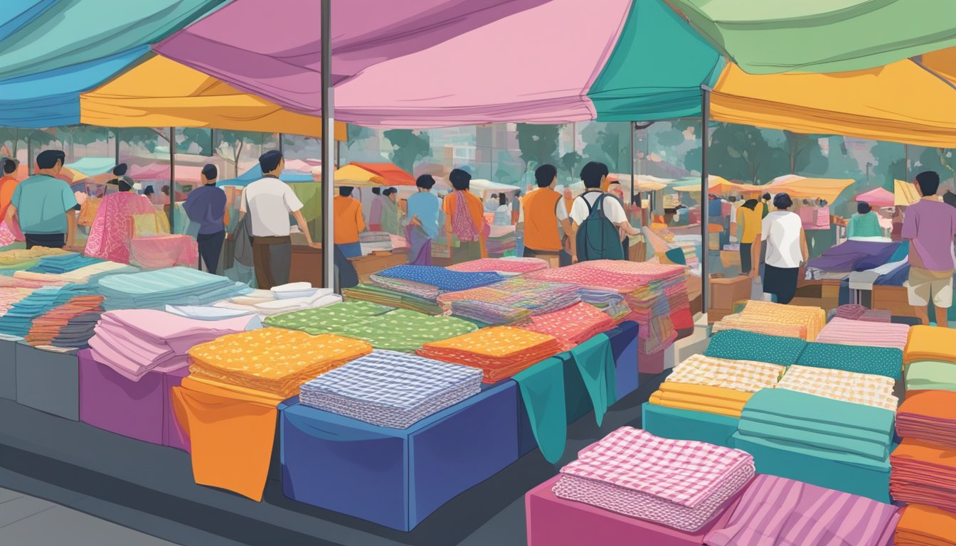 A bustling market stall displays an array of colorful handkerchiefs in Singapore. Bright patterns and soft fabrics catch the eye of passersby