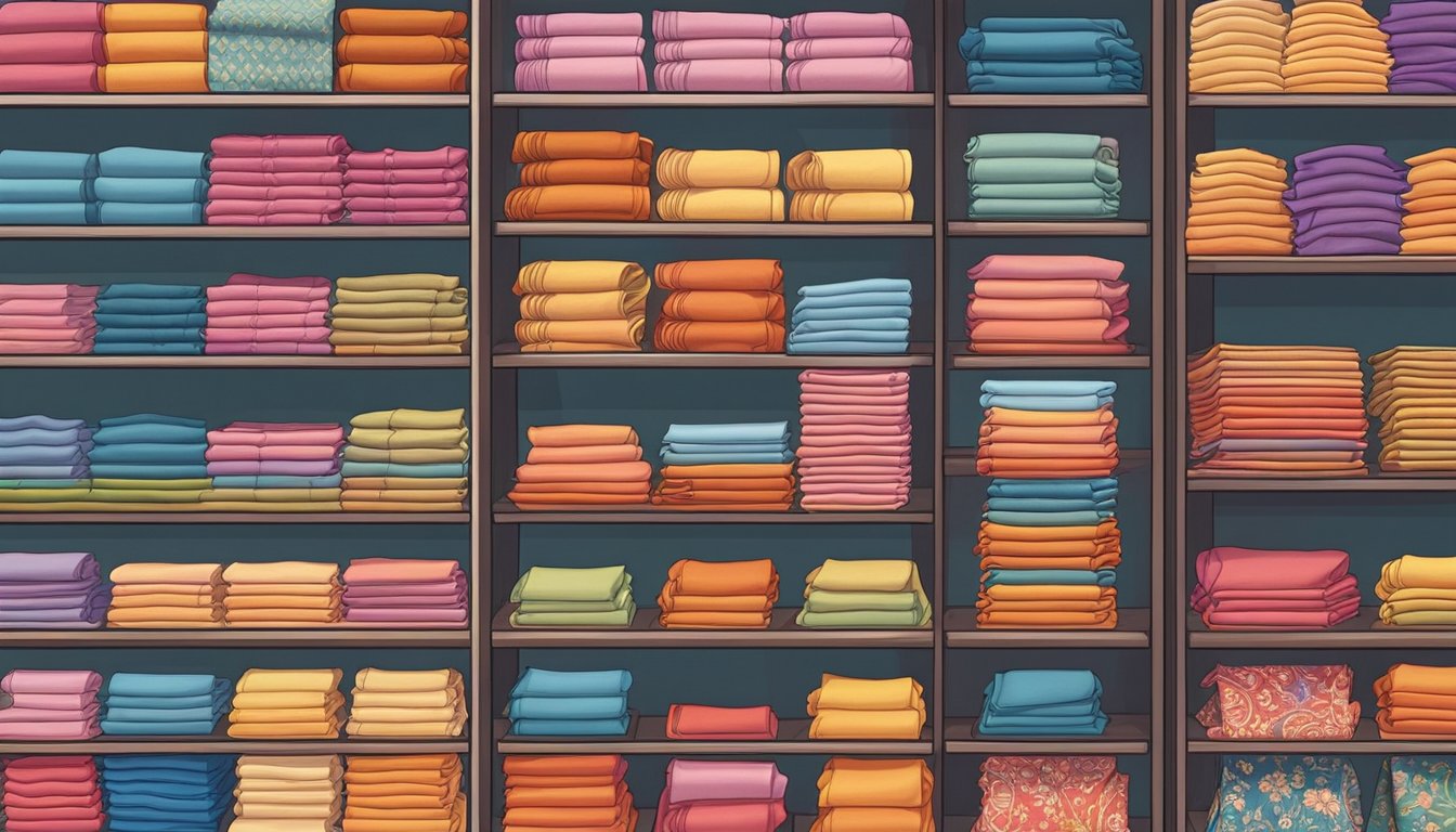 A display of colorful handkerchiefs arranged neatly on shelves in a boutique in Singapore. Bright lighting highlights the intricate designs and quality fabrics
