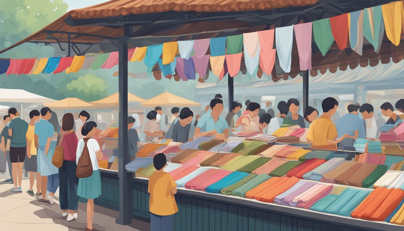 A bustling market stall in Singapore, displaying an array of colorful handkerchiefs with a sign reading "Frequently Asked Questions: Where to buy handkerchief in Singapore."