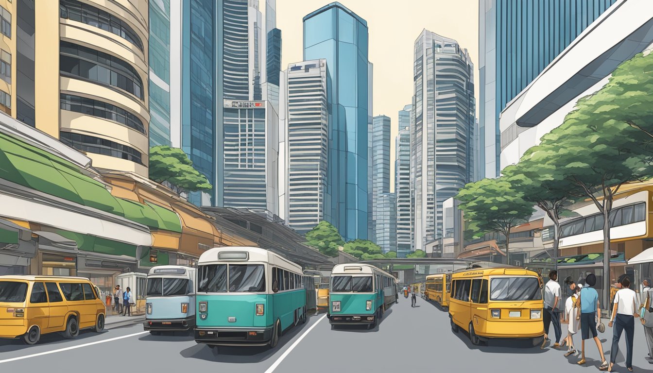 A bustling city street in Singapore, with towering office buildings and bustling traffic