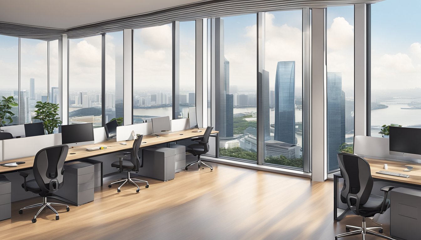 A sleek, modern office space in Singapore, with floor-to-ceiling windows showcasing the city skyline. A spacious layout with contemporary furniture and state-of-the-art technology