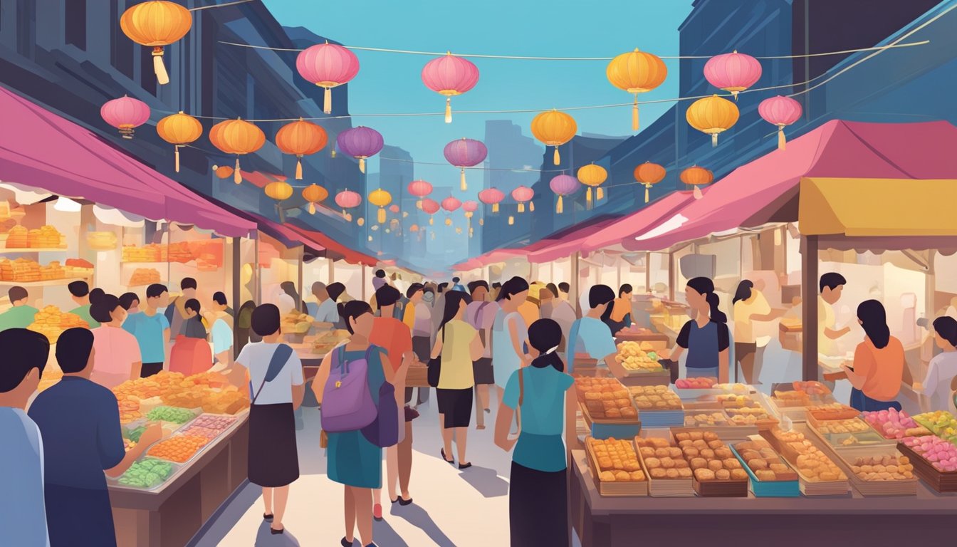 A bustling Singapore street market with colorful stalls selling various mooncakes, eager customers browsing and sampling the traditional treats