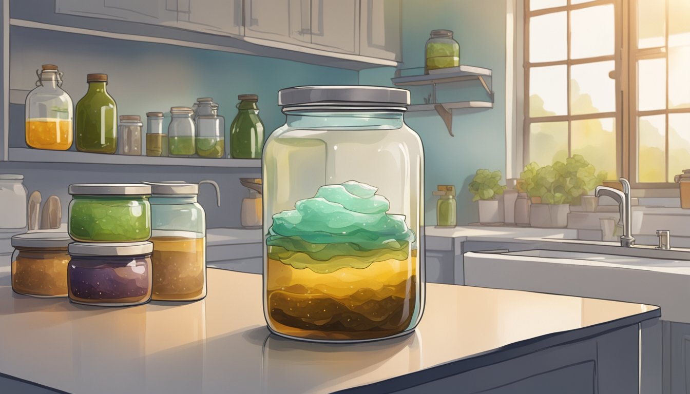 A glass jar sits on a kitchen counter, filled with tea and a gelatinous SCOBY floating on the surface. Bottles of finished kombucha line the shelves in the background