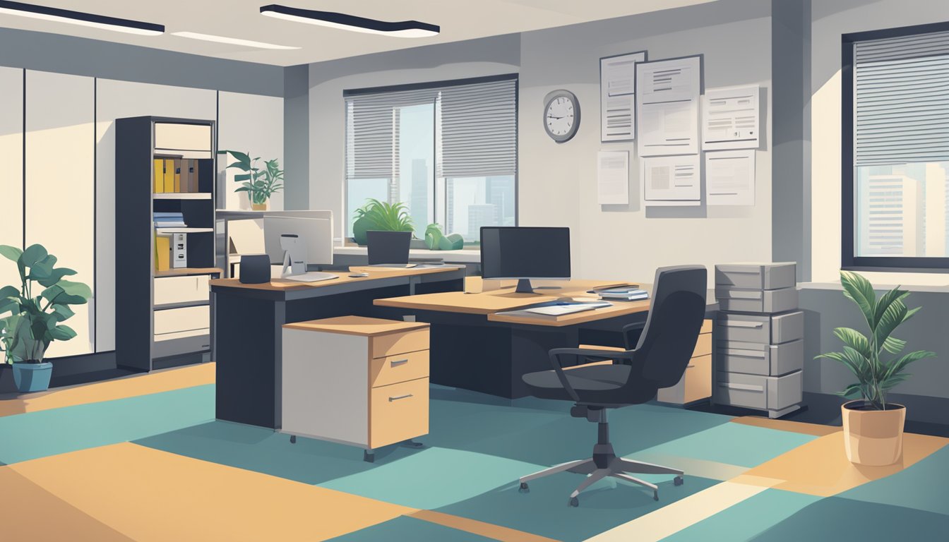 An office setting with a desk, computer, and filing cabinet. A sign on the wall reads "Frequently Asked Questions buy office singapore"