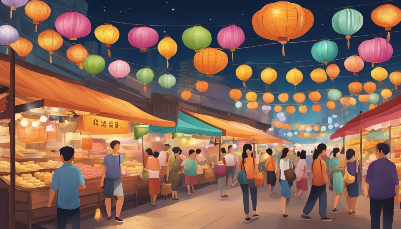 A bustling street market in Singapore, adorned with colorful banners and lanterns, showcasing an array of vendors selling traditional and innovative mooncakes