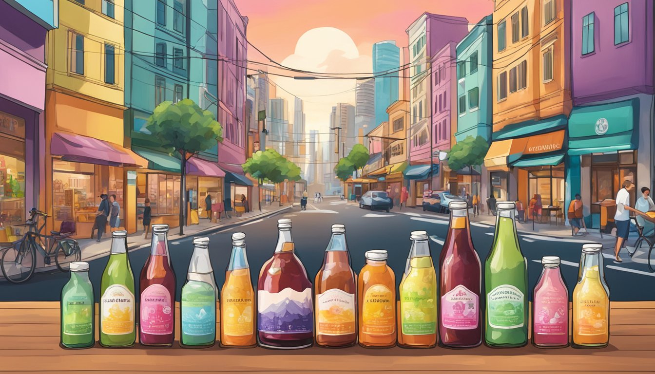 A table filled with colorful bottles of unique kombucha flavors, set against a backdrop of vibrant Singaporean street scenes