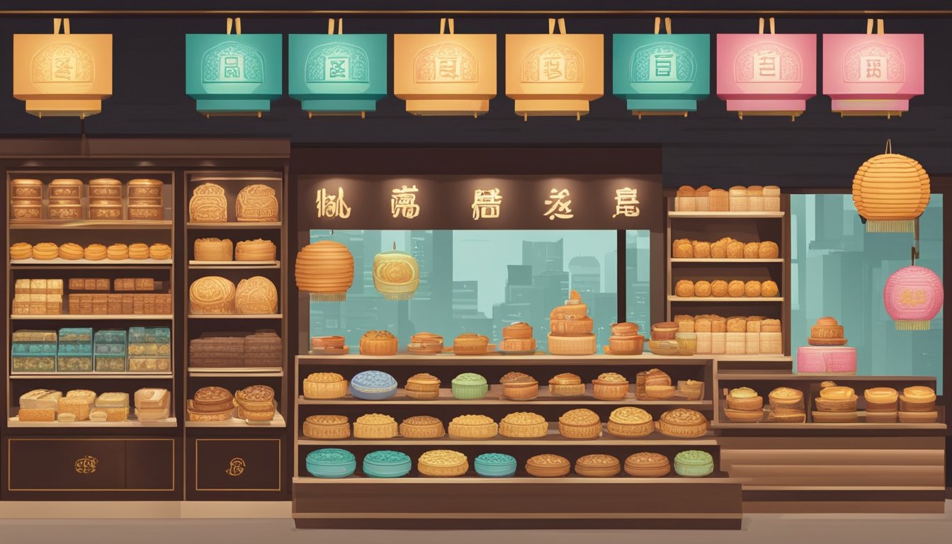 A mooncake shop in Singapore, with shelves filled with various mooncake flavors and a sign displaying "Frequently Asked Questions" on where to buy