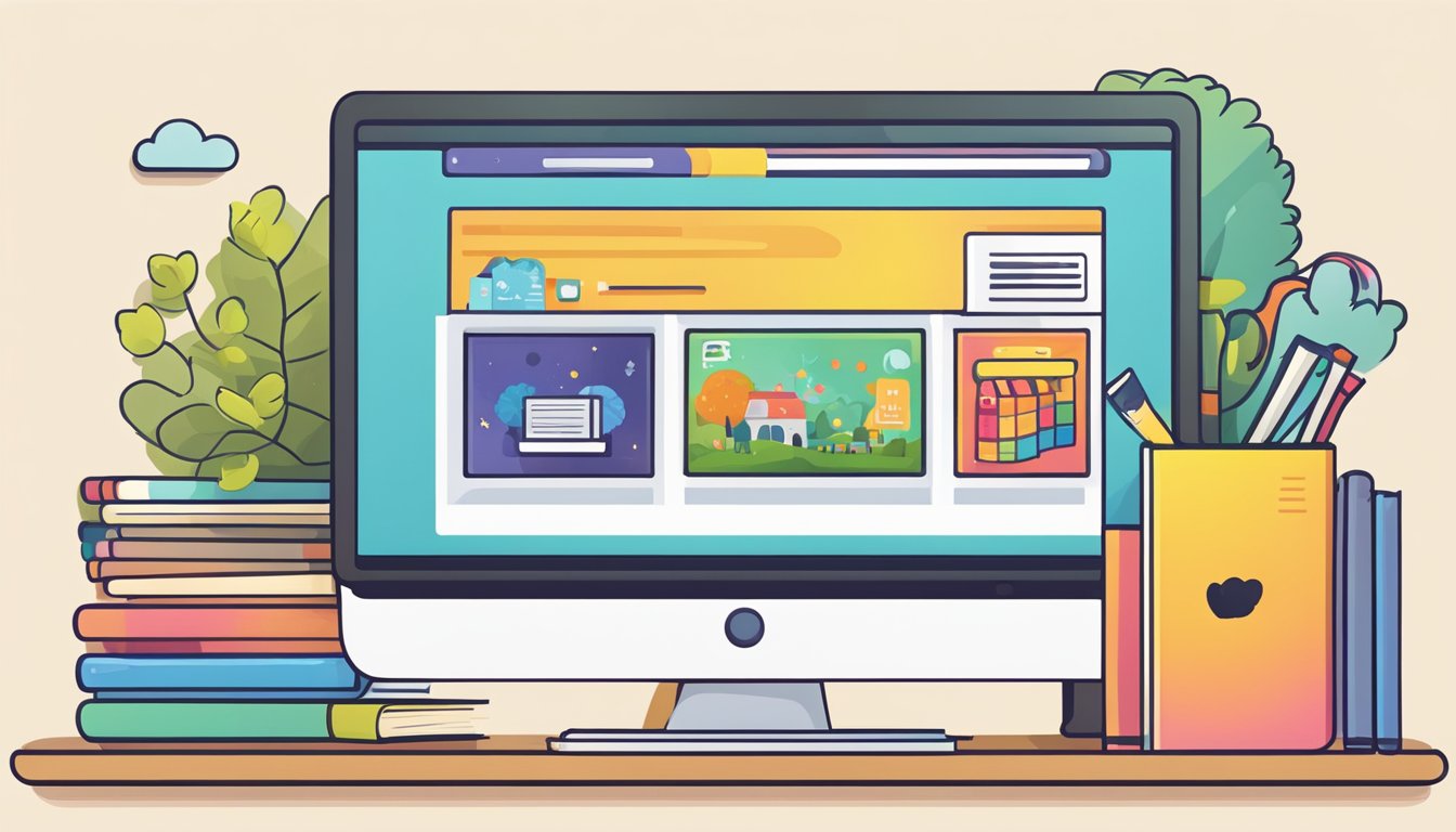 A computer screen displaying a colorful website with a variety of children's books, a shopping cart icon, and a "buy now" button