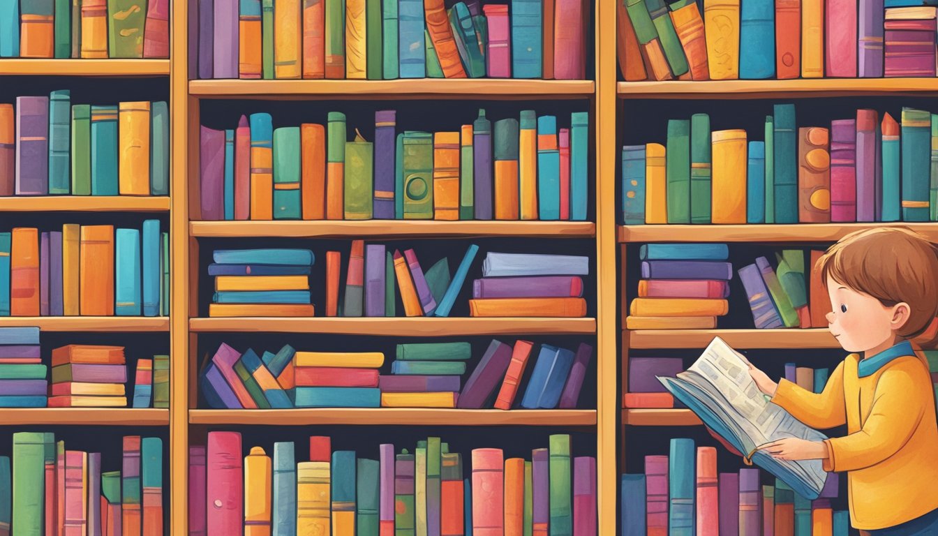 A child stands in front of a colorful bookshelf, carefully selecting a book with a bright cover and intriguing illustrations. The child's eyes are filled with excitement as they hold the book close, ready to embark on a new adventure