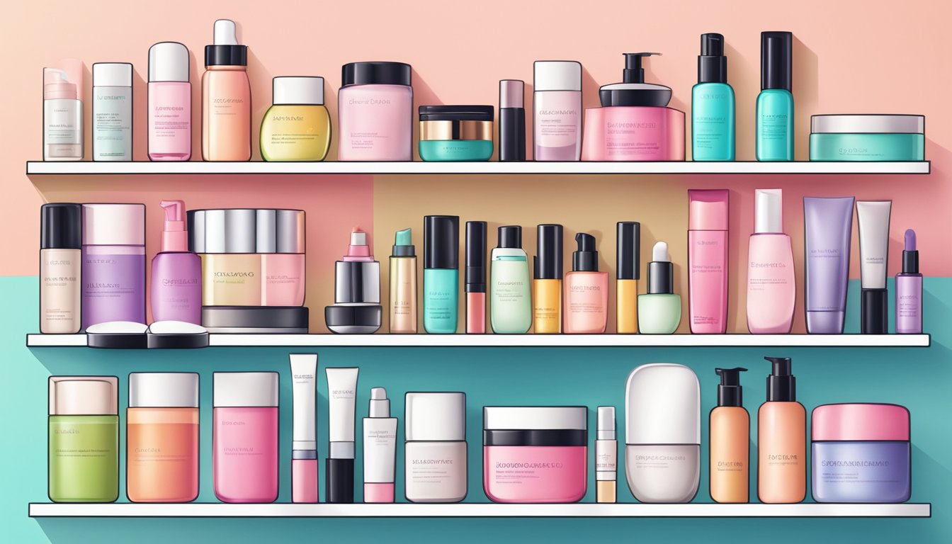 A collection of colorful Korean beauty products arranged on a clean, minimalist shelf with soft lighting. The products include skincare items, makeup, and haircare essentials