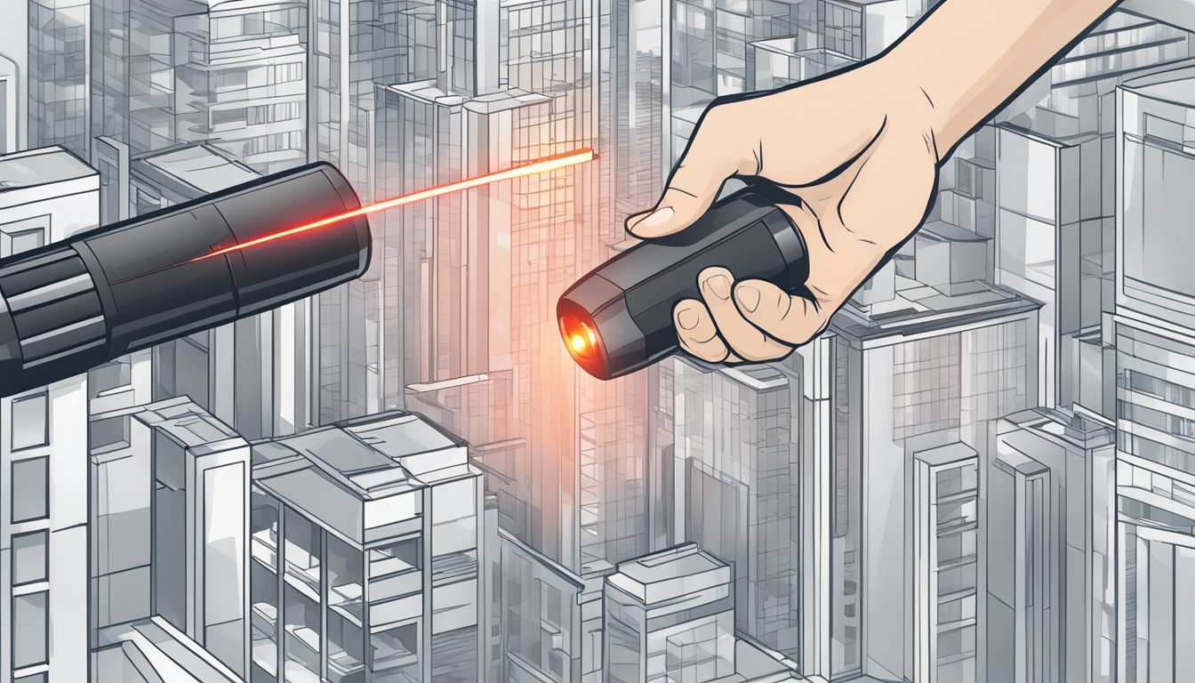 A hand holding a laser pointer, with various options displayed in the background. The pointer emits a bright red light