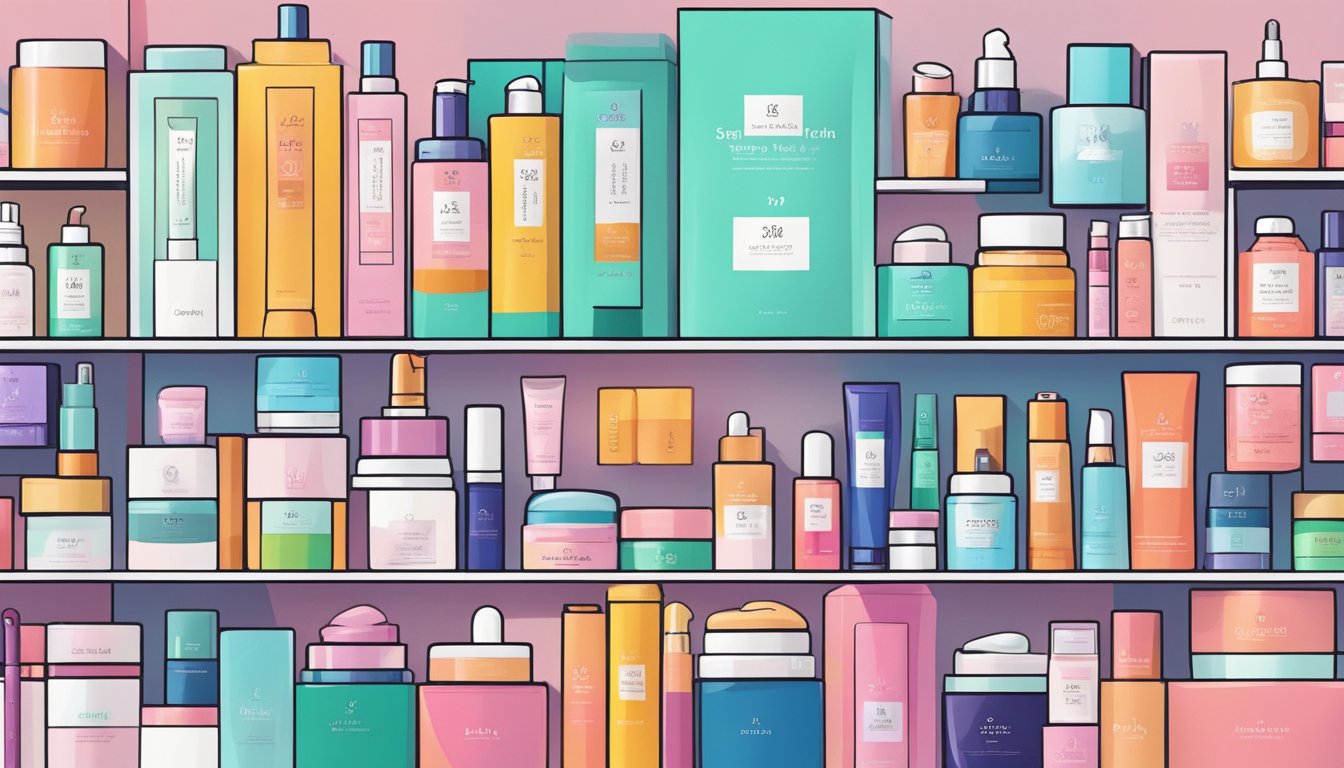 A colorful array of Korean beauty products arranged on a sleek, minimalist shelf. Bright packaging and elegant typography catch the eye