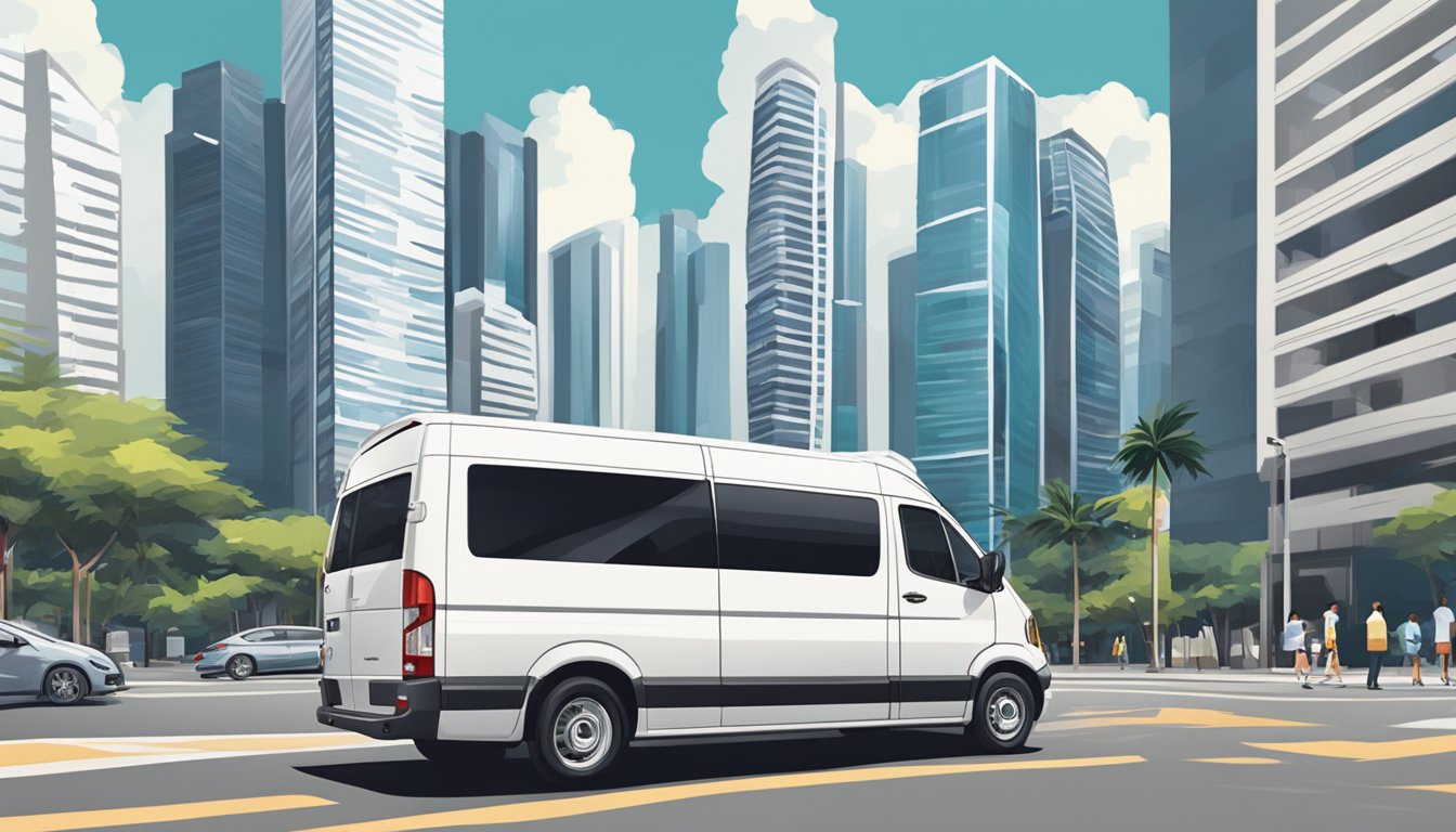 A sleek white van parked in a bustling Singapore street, surrounded by skyscrapers and palm trees