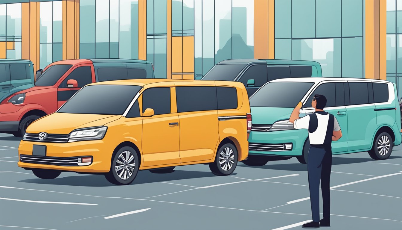 A customer carefully inspects different vans at a dealership, considering size, features, and price. The salesperson stands by, ready to assist
