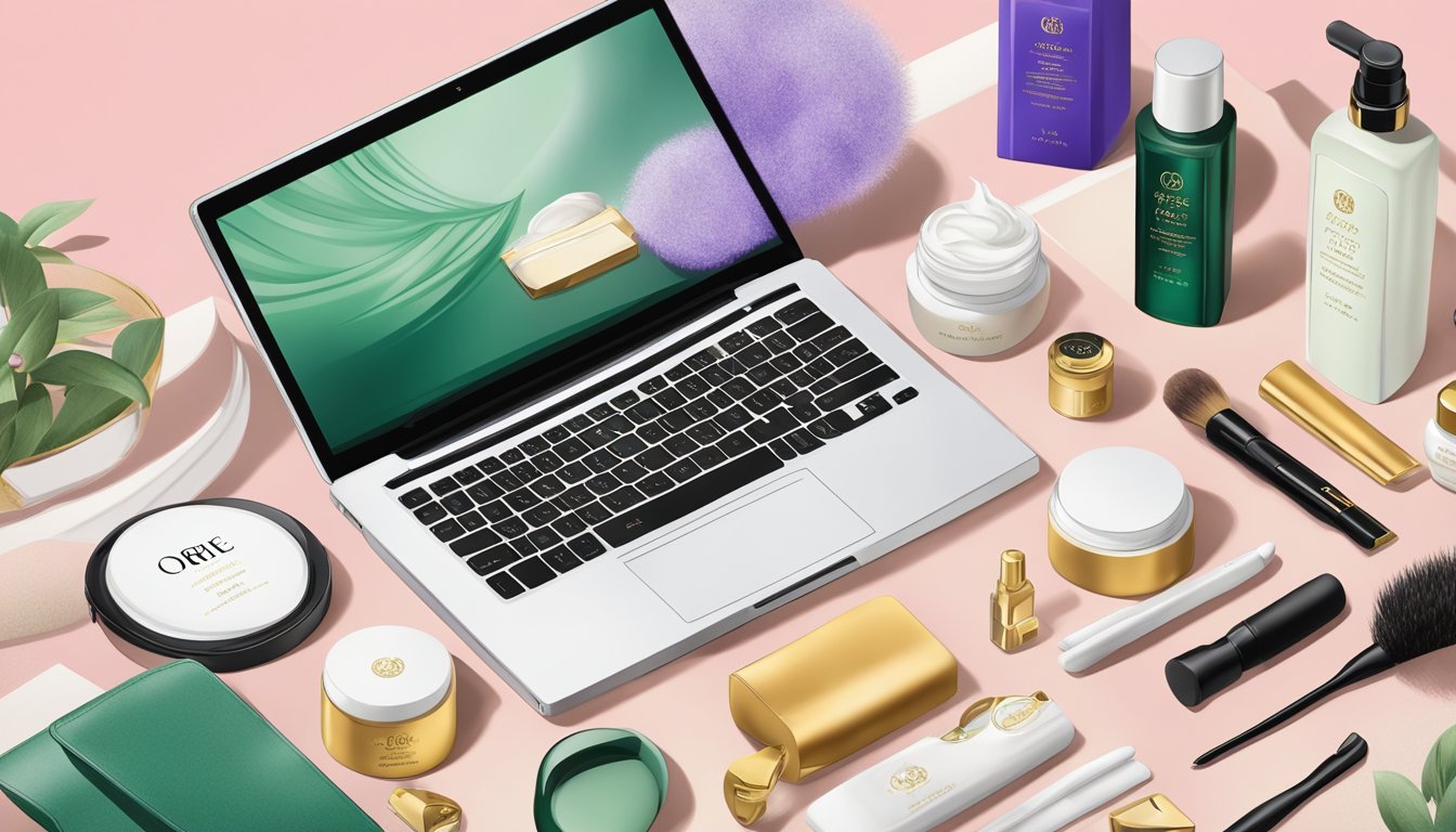 A laptop with oribe products displayed on screen, surrounded by a variety of luxurious hair and skincare items, all available for purchase online
