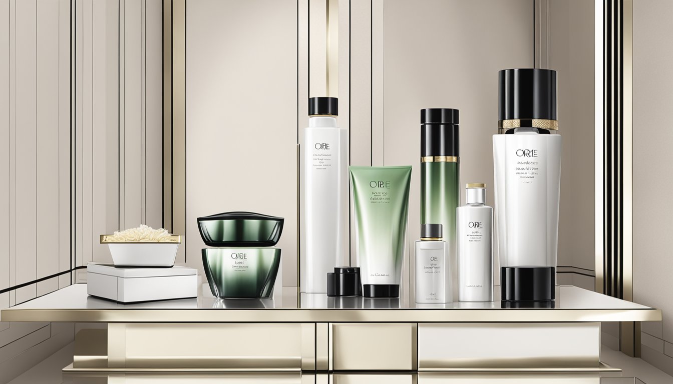 A sleek, modern bathroom shelf displays Oribe hair care essentials, with elegant packaging and luxurious textures, creating a sense of opulence and indulgence