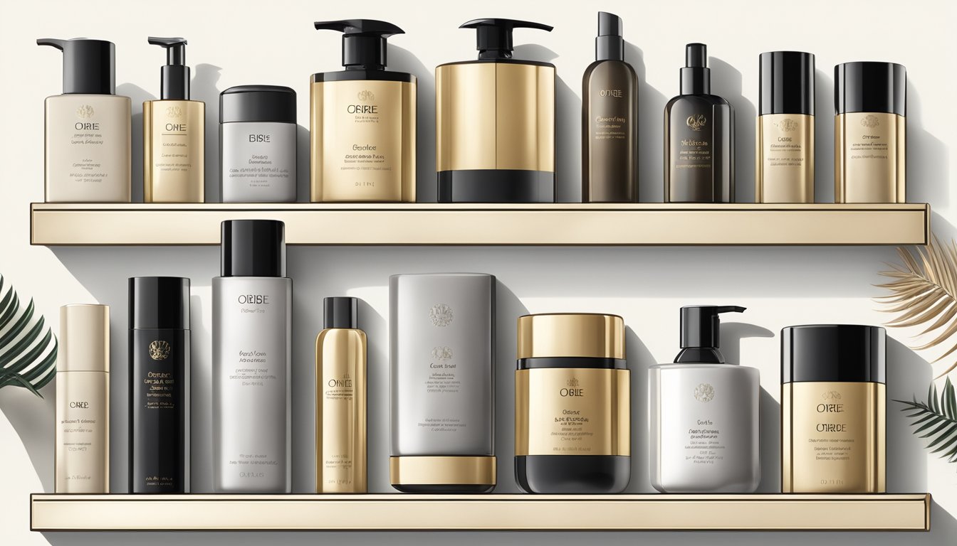 A luxurious bathroom shelf filled with various Oribe hair and beauty products, neatly organized and gleaming in the soft natural light