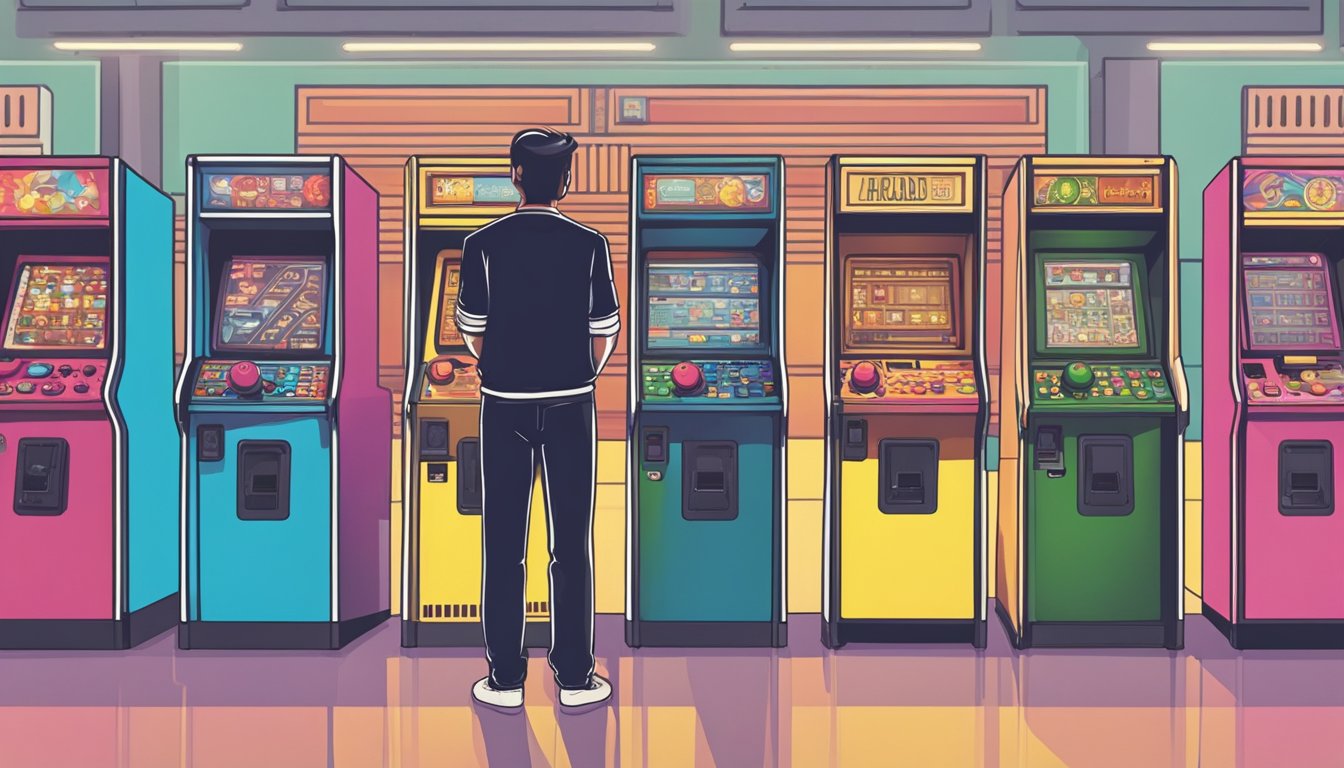 A person standing in front of rows of arcade machines, examining each one carefully before finally selecting the perfect one to purchase