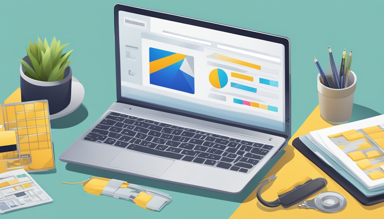 A laptop displaying a website with various curtain options, a credit card, and a measuring tape on a desk