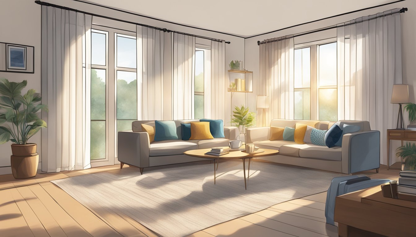 A cozy living room with sunlight streaming in through sheer white curtains. A variety of curtain samples spread out on a table, with a laptop open to an online curtain store