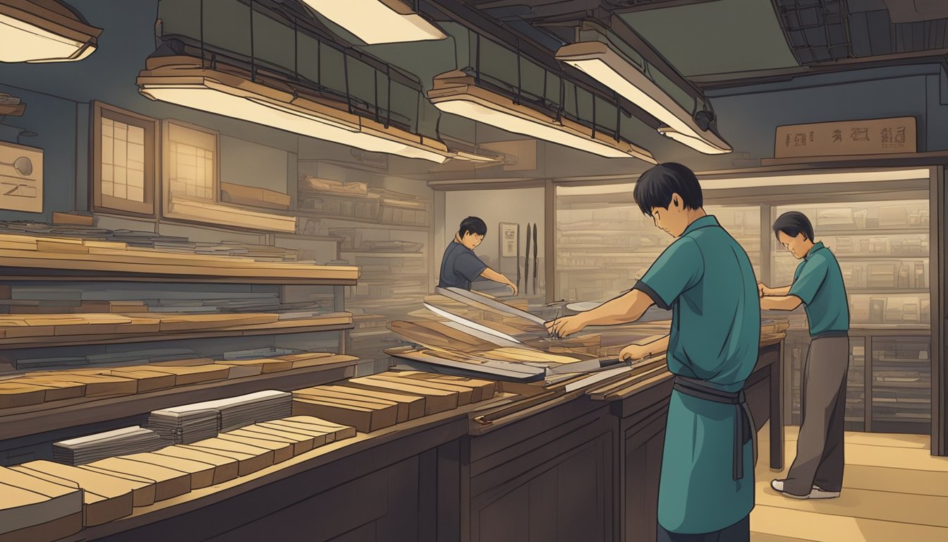 A bustling Japanese knife shop in Singapore, with rows of gleaming blades on display and a skilled craftsman demonstrating their sharpness