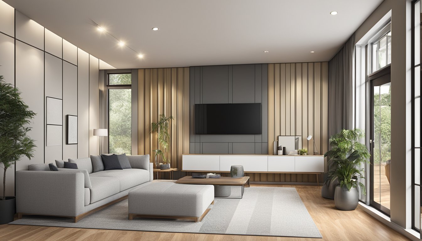 A room with various wall panels displayed on a website, with options to buy online. Different designs, textures, and colors are showcased to help customers choose the right panels for their space