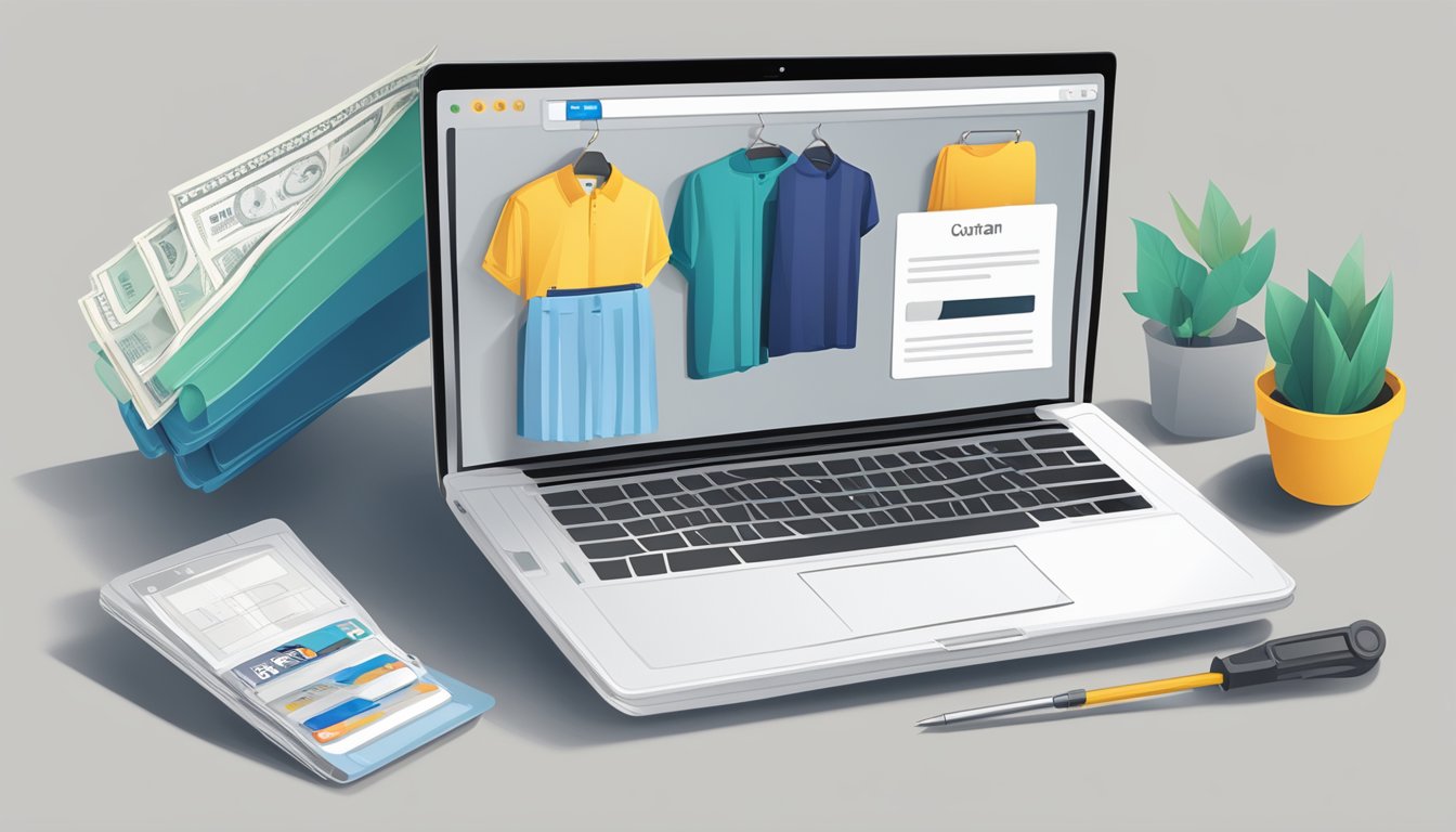 A laptop displaying a variety of curtain options on a website, with a credit card and measuring tape nearby