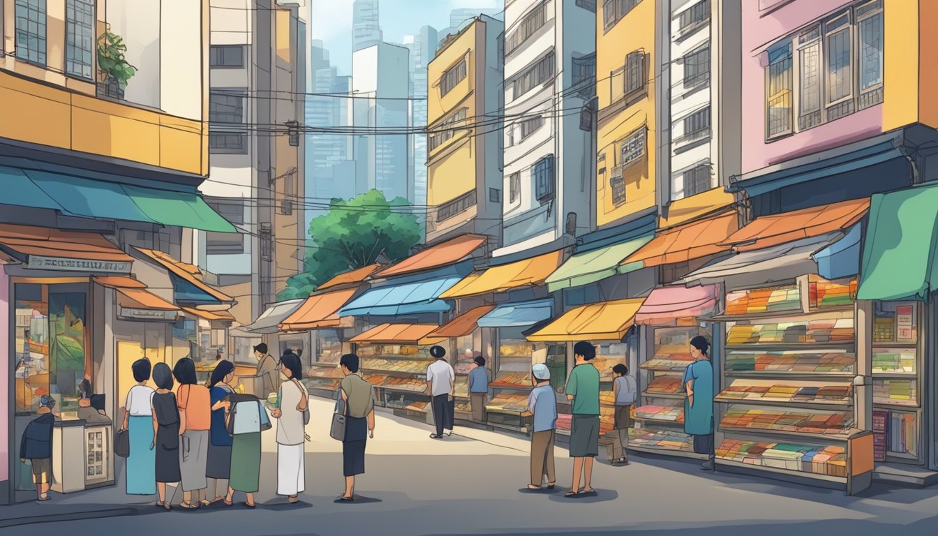 A bustling street in Singapore, with colorful storefronts displaying traditional Japanese knives. Customers eagerly examine the blades, while shopkeepers proudly showcase their craftsmanship