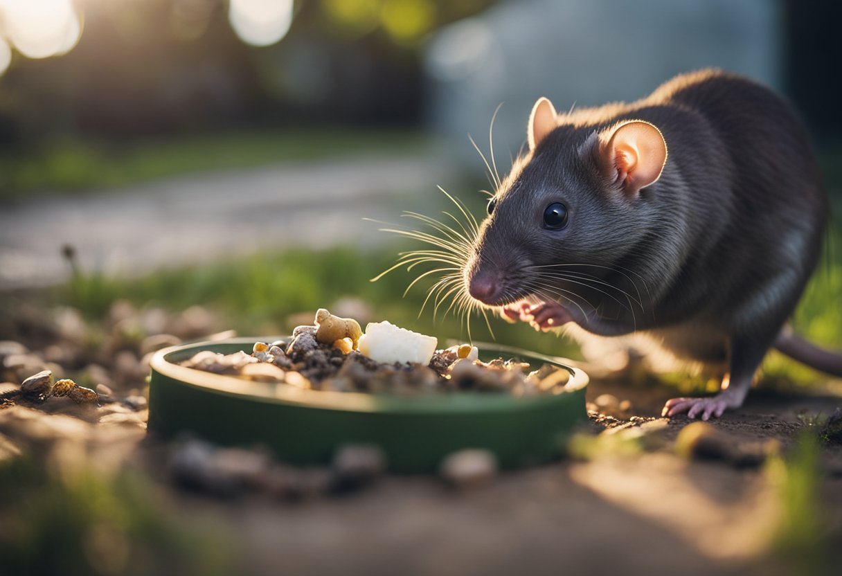 An alternative to rat poison - showing a rat happily eating from a non-toxic bait station while another rat suffers from the effects of traditional poison