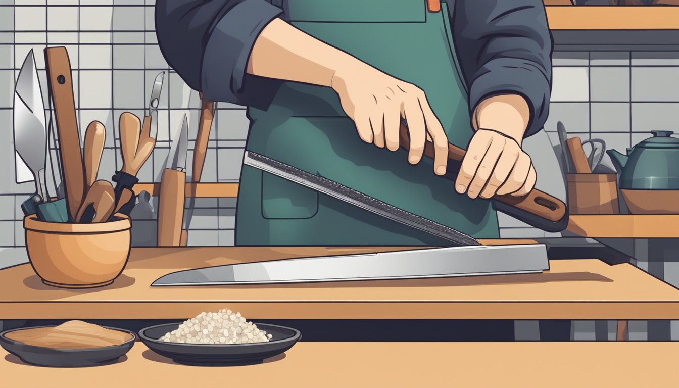 A hand holding a Japanese knife, carefully sharpening it on a whetstone, with a shelf of various knives and kitchen tools in the background