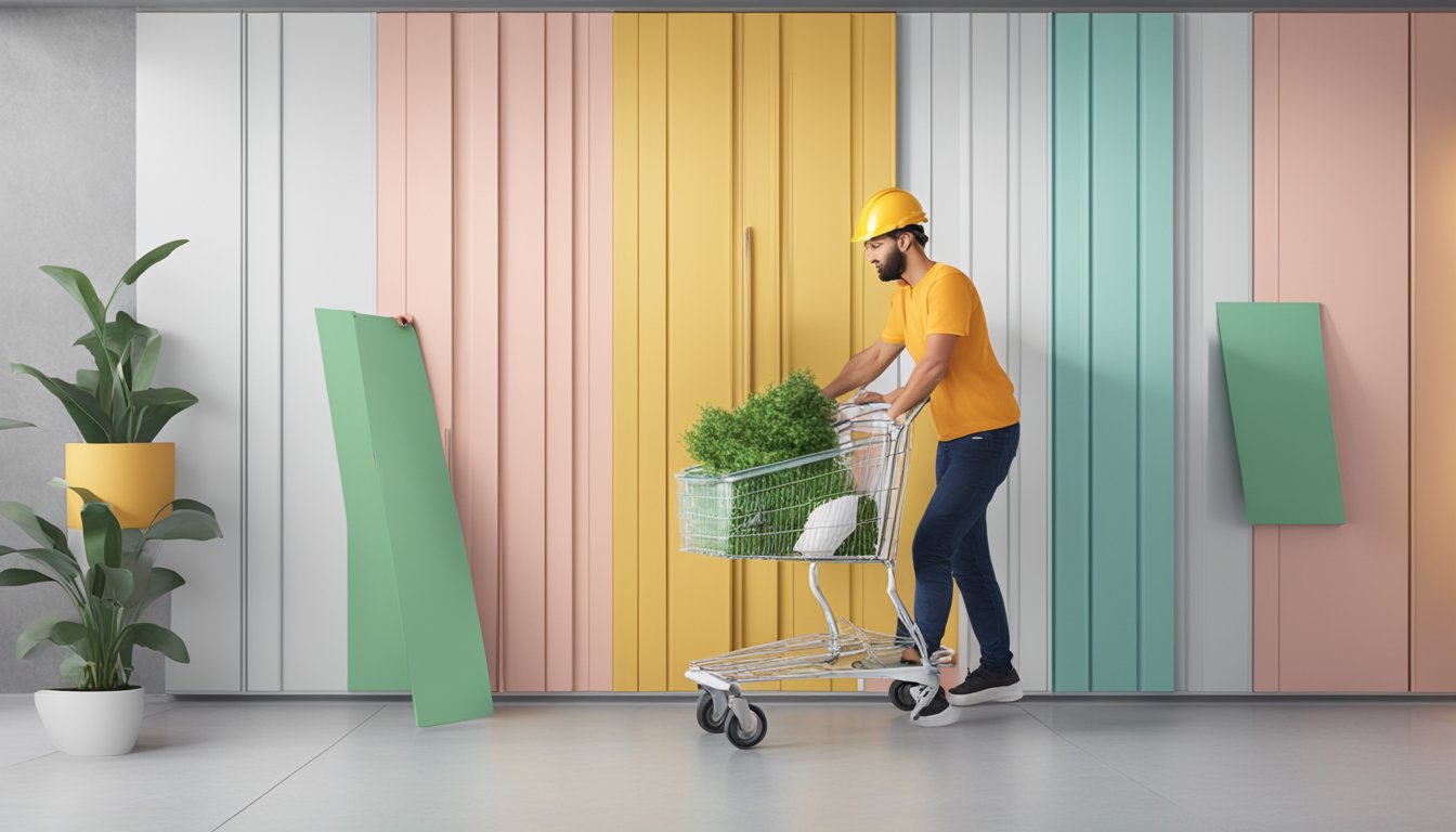 A person clicks "add to cart" for wall panels. They receive a delivery and install the panels themselves