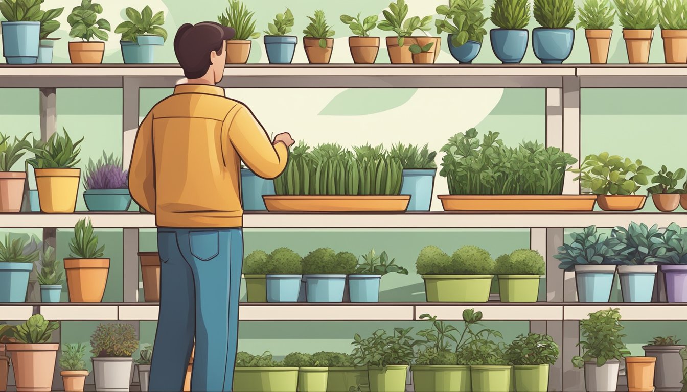 A person selects a plant pot from a shelf of various sizes and styles at a garden center