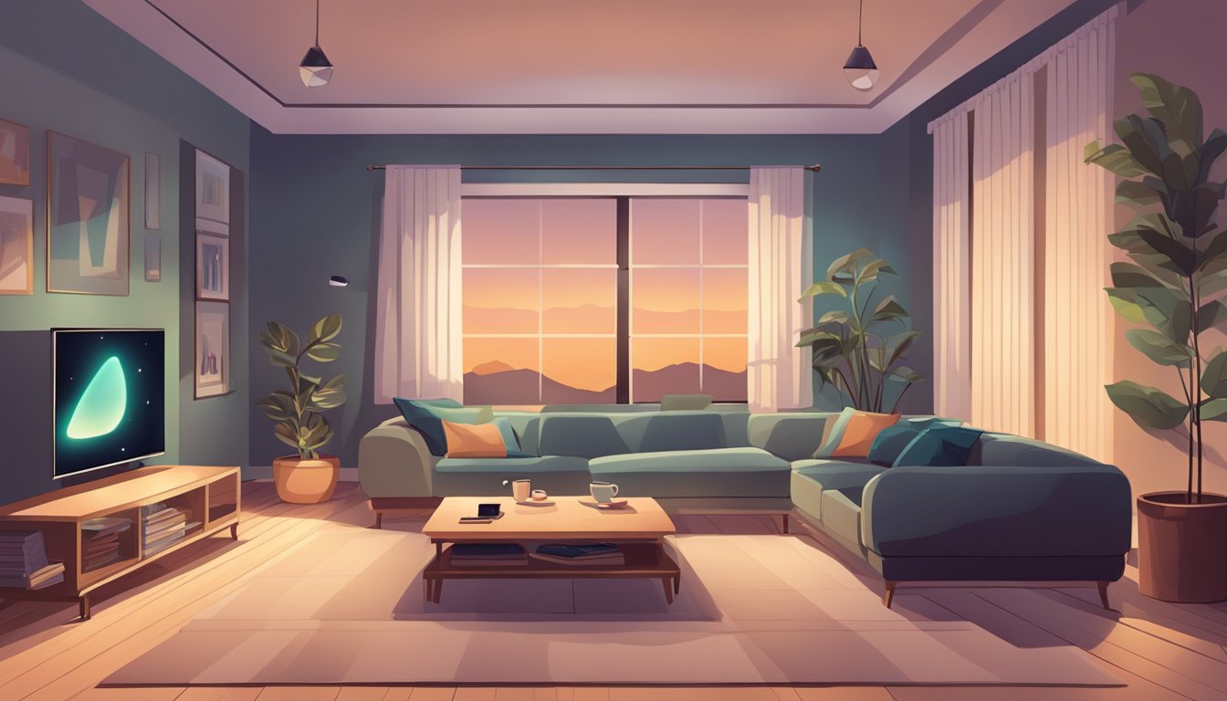 A cozy living room with a comfortable sofa, soft blankets, and dimmed lights. A mini projector is set up, casting a clear and vibrant image onto a blank wall, creating a perfect movie-watching atmosphere