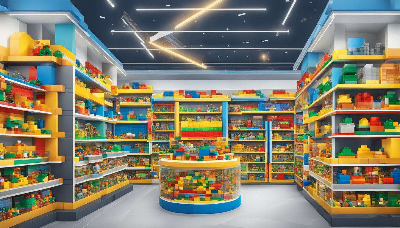 A colorful Lego store in Singapore with shelves filled with various Lego sets and a display of intricate Lego creations